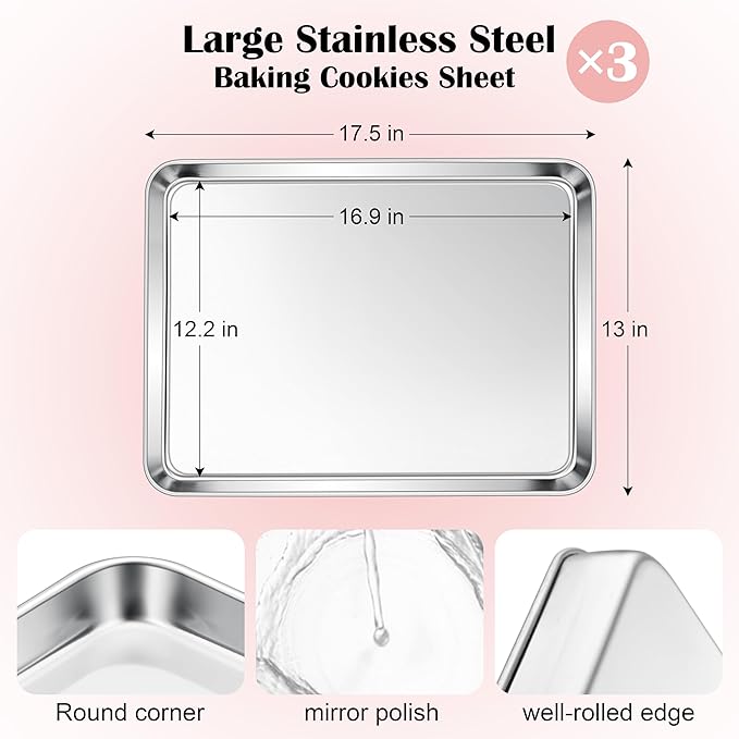 E-far Cookie Sheets Set of 3, 18”x13” Stainless Steel Baking Sheet Pans for Oven, Large Non Toxic Metal Baking Tray for Baking Roasting, Healthy & Rust Free, Mirror Finish & Dishwasher Safe