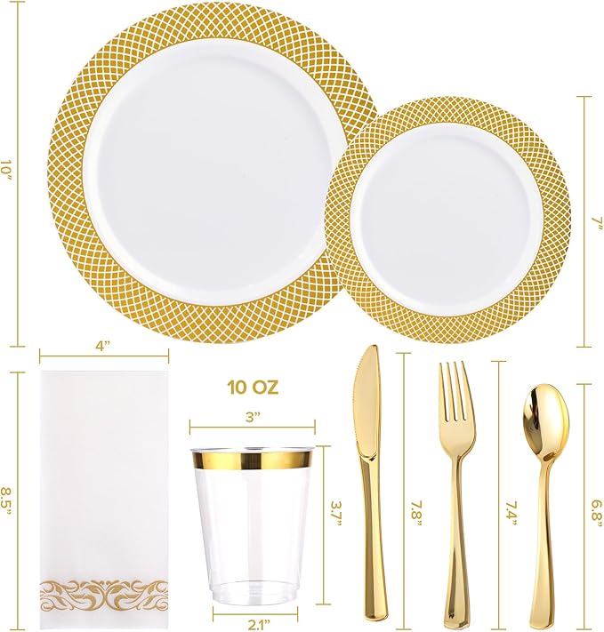 FOCUSLINE 175 Count Gold Dinnerware Set for 25 Guests - Disposable Plastic Plates with Gold Grid, Includes 25 Dinner & Salad Plates, Cups, Napkins, Cutlery Set for Wedding Parties