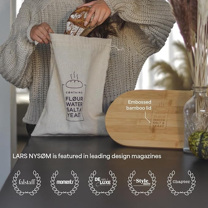 LARS NYSØM Bread Box I Metal Box with linen bag for long lasting freshness I Bread Bin with bamboo lid usable as cutting board I 14.2x7.5x5.1 In (Pure White)