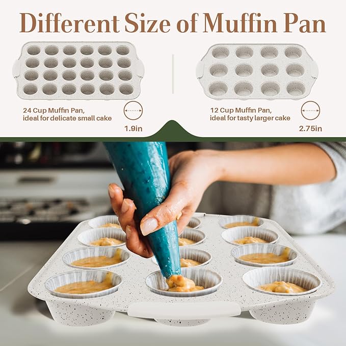 10-Piece Kitchen Nonstick Stackable Bakeware Set, Non Toxic Bakeware Sets with Silicone Handles, Includes Cookie Sheets, Cake Pan, Loaf Pan, Pizza Pan, Muffin Pan, White