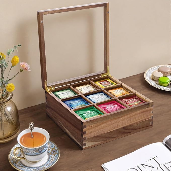 ANMINY Acacia Wood Tea Bag Organizer with Acrylic Clear Top, 10MM Thick Wooden Tea Storage Box with 9 Compartments, Teabag Holder Tea Caddy Chest for Countertop Kitchen Home Office