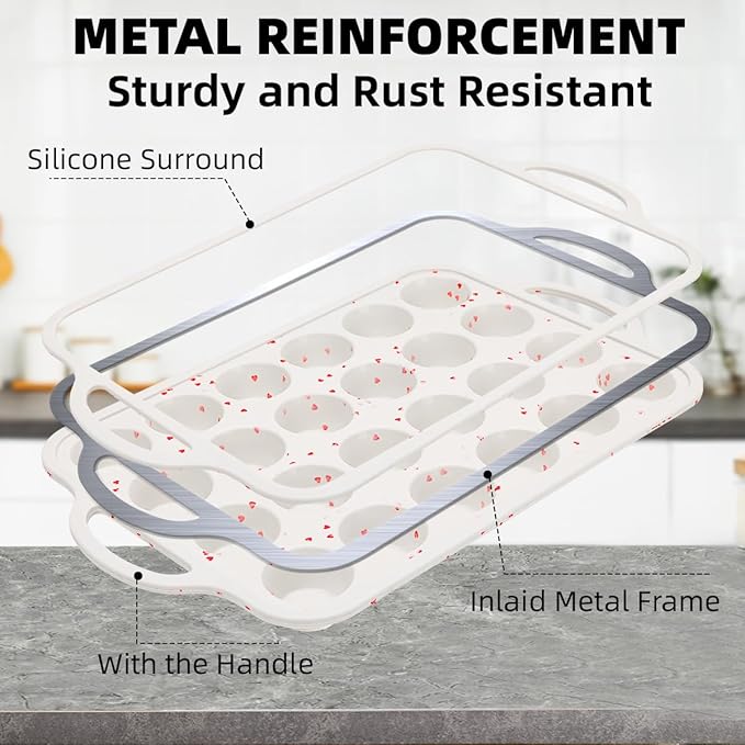 CAKETIME Mini Cupcake Pan, Metal Reinforced Frame Silicone Mini Muffin Pan Nonstick 24 Cups with Handle for Valentine's Day Baking Muffins, Cupcakes, Egg Bites 1 Pack