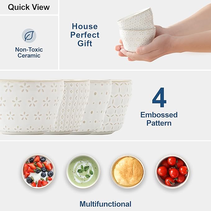 MALACASA Small Dessert Bowls 8 oz, Ice Cream Bowls, Dipping Sauce bowls,Ceramic Bouillon Soup Cups or Certain Side Dishes, Microwave & Dishwasher Safe, Set of 4, Arctic White, Series LYDIA