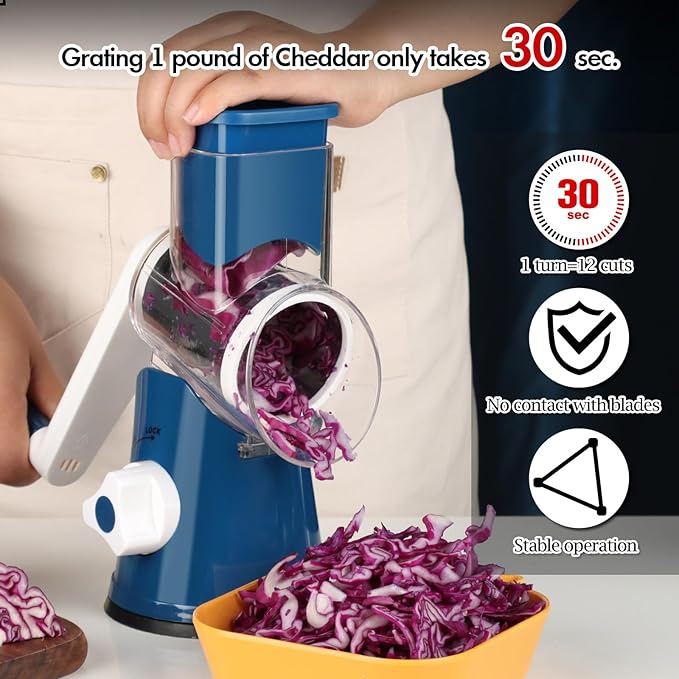 Ourokhome Rotary Cheese Grater Hand Crank, Kitchen Shredder Speed Mandolin Slicer Ice Shaver with Handle and Drum Blades for Cheese, Vegetable, Nuts, Chocolate, Potato, Carrot, 5 Blades, Dark Blue