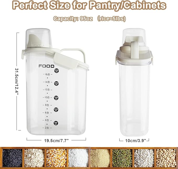 1 Piece Cereal Containers Storage, 2.8L/95oz Airtight Large Dry Food Storage Containers with Pouring Spout Measuring Cup for Snacks Grain Rice,BPA Free Dispenser Plastic Bin, 1PC