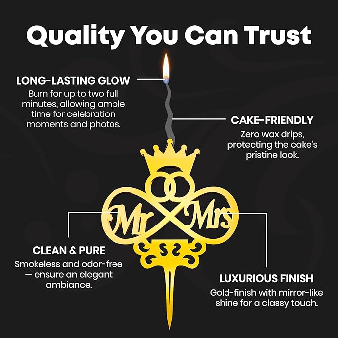 Mr and Mrs Reusable Gold Romantic Cake Candle - Luxury Cake Topper Candle for Birthdays, Weddings & Anniversaries - Reusable Food Safe Acrylic, Shiny Mirror Finish - Happy Birthday Cake Topper Decor