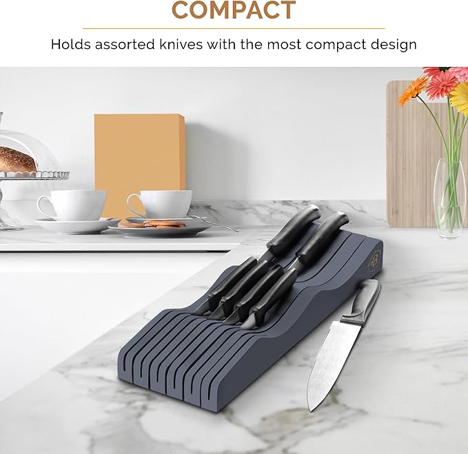 In-Drawer Knife Block - Bamboo Knife Drawer Organizer for Kitchen - Fits 5 Long + 6 Short Knives, Store Knives with Blades Pointing Down - Wooden Steak knife Holder without Knives (Grey)