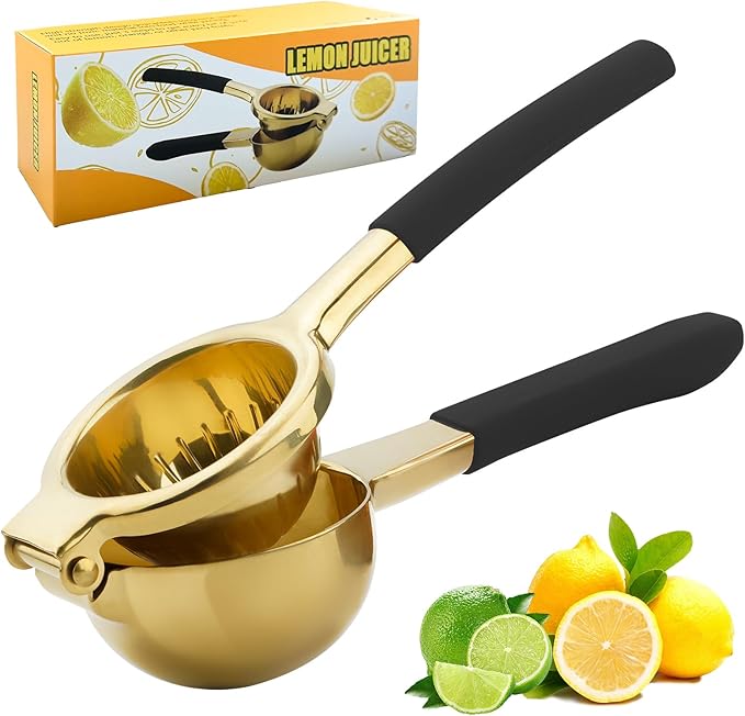 SHIKORI Gold & Black Heavy Duty Lemon Squeezer, 304 Stainless Steel Manual Citrus Press Juicer, 15% More Juice, Easy to Clean
