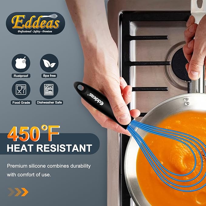 Silicone Whisk, Whisk Non Scratch Whisk for Cooking, 5+7+9+11in Balloon Whisk, Suitable for Mixing, Blending. 11in Flat Whisk great for Ceramic Coated pans and Wider shallower pots. (Blue)