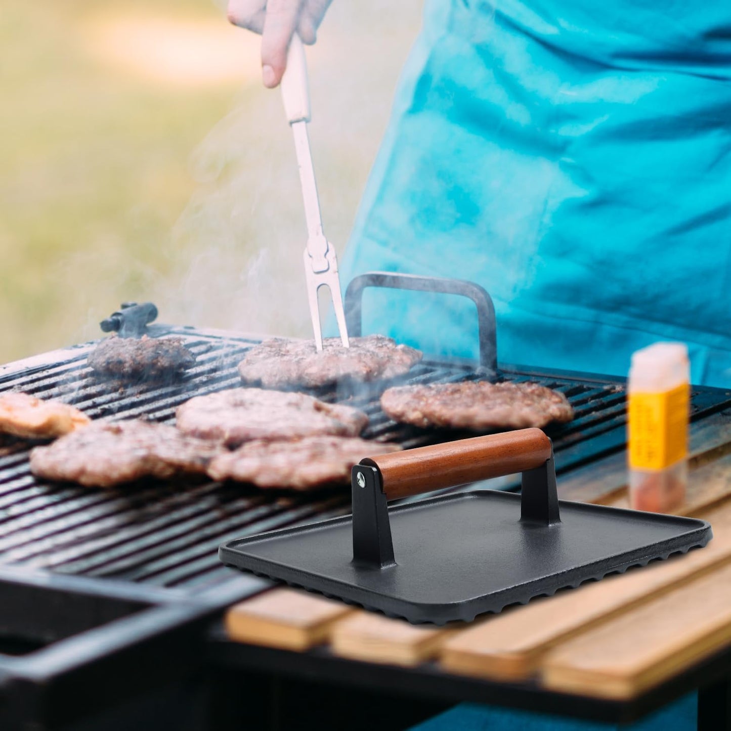 SafBbcue 14" Stainless Steel Rectangle Cheese Melting Domer Basting Cover & Cast Iron Rectangle Griddle Smash Burger Grill Weight Press for Blackstone, Pitboss, Camp Chef Flat Top Grills Accessories