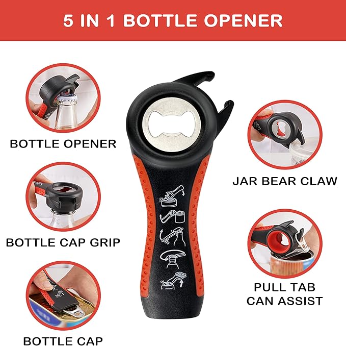 Jar Opener for Weak Hands, Seniors with Arthritis, 5 in 1 Multi Function Bottle Opener Lid Opener For Arthritic Hands with Non Slip Rubber Jar opener Gripper Pad