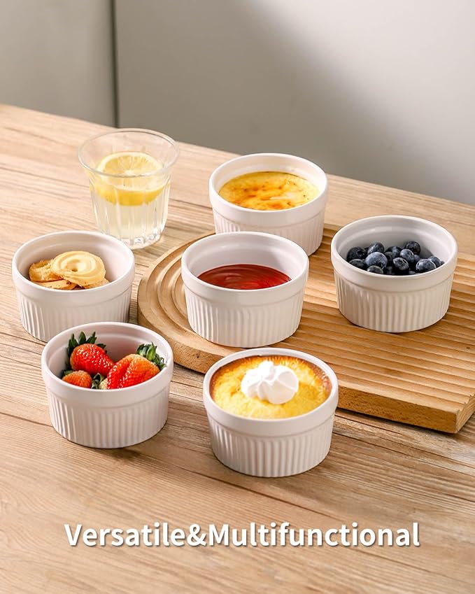 Hasense Ceramic Ramekins, 8 oz Creme Brulee Ramekins Set of 6, Porcelain Souffle Cups for Pudding, Dipping Sauce, Ice Cream, Custard, Ceramic Baking Dish, Dishwashing Safe, White