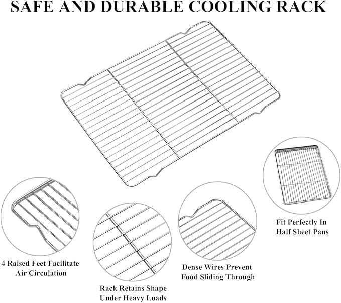 Deedro Baking Sheet with Rack Set [2 Sheets + 2 Racks], Stainless Steel Cookie Half Sheets Baking Pan Oven Tray with Cooling Rack, 17.32 x 12.28 x 1 Inch, Heavy Duty, Non-toxic, Easy Clean