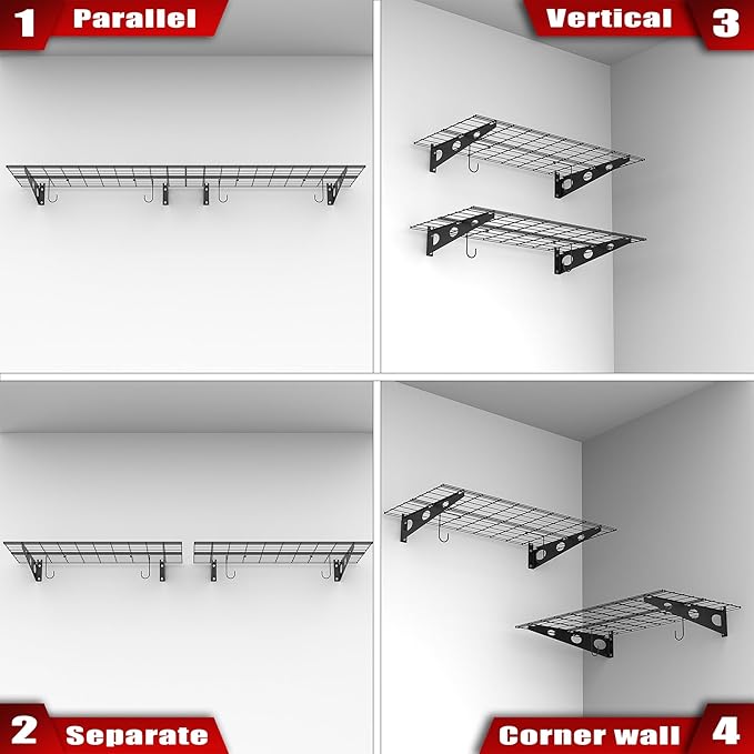 WALMANN 2 Pack Garage Wall Shelves, 2 x 4 ft/24 * 48 inch Wall Mounted Storage Shelves for Garage Heavy Duty Wall Shelving, Holds Up to 220 Lbs(Black)