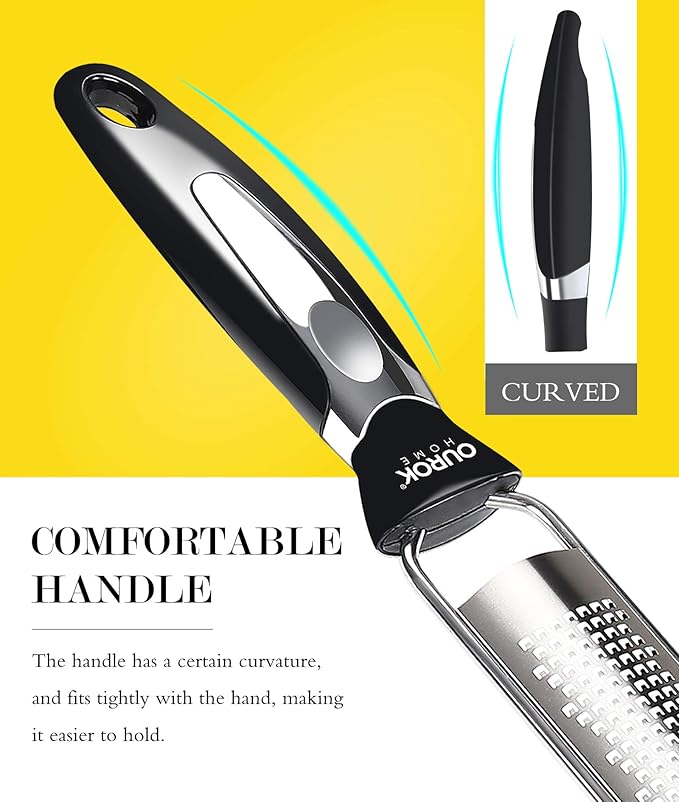 Ourokhome Kitchen Lemon Zester, Stainless Steel Hand Held Parmesan Cheese Grater for Ginger, Chocolate, Coconut, Lime, Nutmeg, Citrus, Fruit, Vegetable with Cleaning Brush, Dishwasher safe, Black