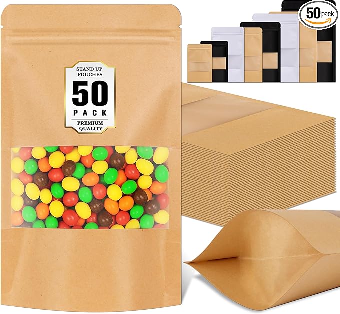 Jetmore-50pcs-Smell-Proof-Bag, Resealable Zip Lock Bags Various Sizes, Reusable Snack Bags, Stand Up Packing Bags with Window, Small Brown Paper Pouches for Candy, Nuts, Spice, Sample, Product