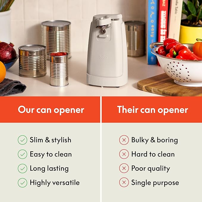 bella Electric Can Opener and Knife Sharpener, Multifunctional Jar and Bottle Opener with Removable Cutting Lever and Cord Storage, Stainless Steel Blade, Oatmilk