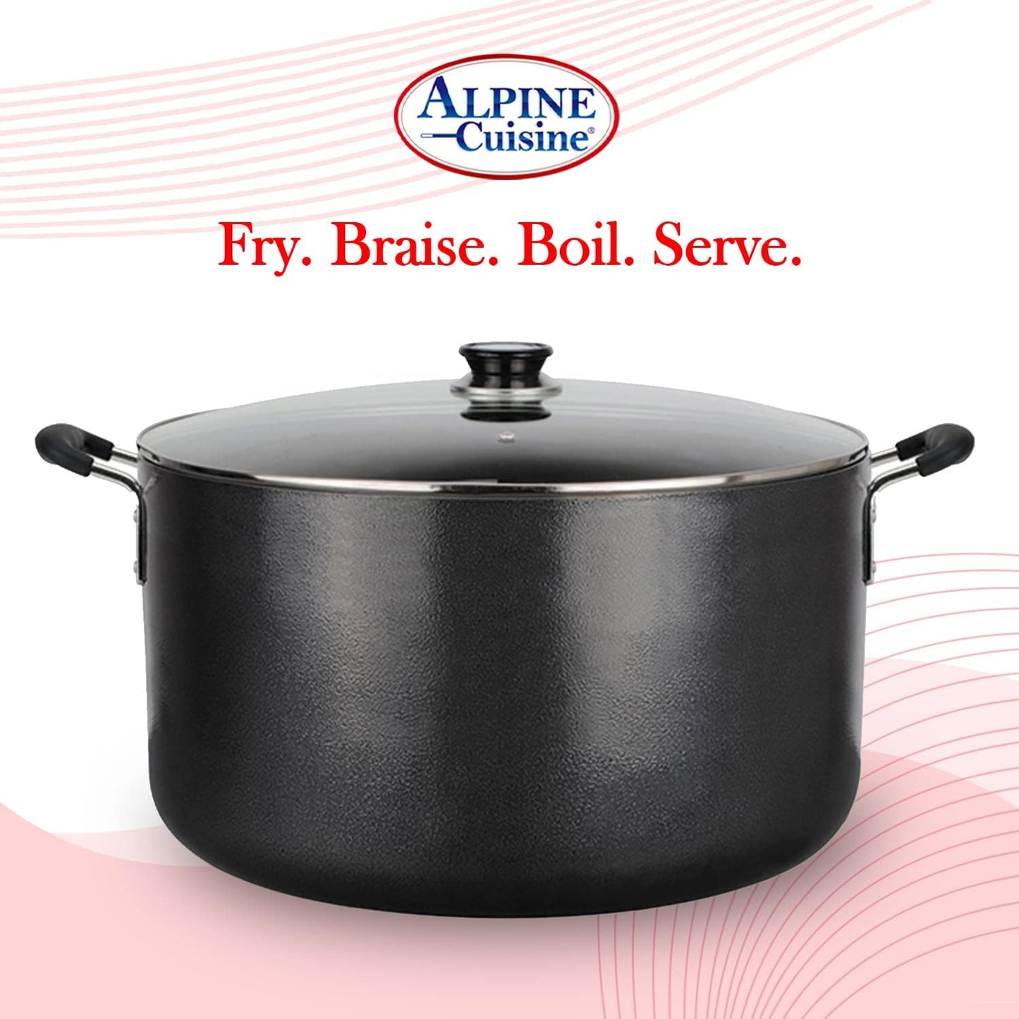 Alpine Cuisine 30 Quart Non-stick Stock Pot with Tempered Glass Lid and Carrying Handles, Multi-Purpose Cookware Aluminum Dutch Oven for Braising, Boiling, Stewing