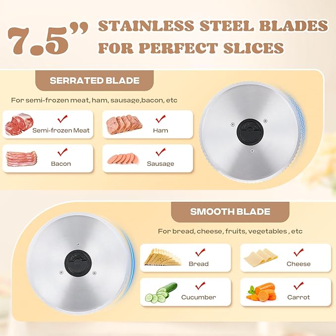 Moongiantgo Meat Slicer 200W With 2 Removable 7.5’’ Stainless Steel Blades, Deli Food Slicer 0-15MM Thickness Adjustable, Child Lock Protection, Meat Fruit Cheese Bread Slicer Machine, 110V