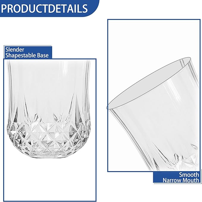 48 PCS Transparent Stemless Wine Glasses，Plastic Reusable Cups 9OZ Vintage Drinking Glasses Tumblers for Whisky, Beer, Juice, Beverages, Cocktai