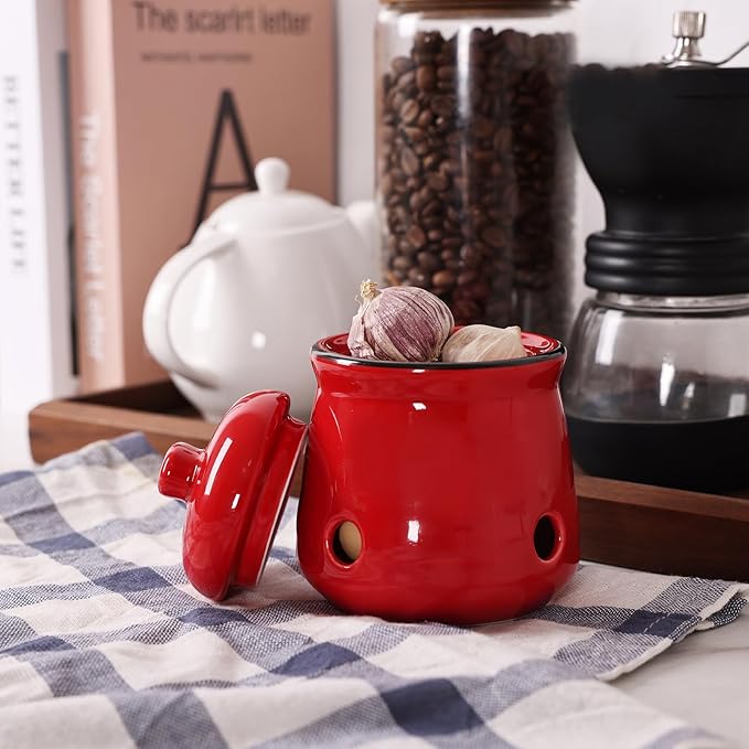 HAOTOP Ceramic Mini Garlic Keeper with Lid, Garlic Container Saver for Countertop, Keep Your Garlic Cloves Fresh (Red)