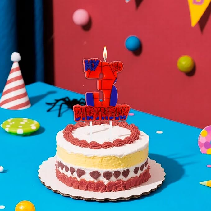 Spider Birthday Party Decorations, Number 3 Red Spider Web Happy Birthday Cake Candle for Boys Girls Spider Web 3rd Birthday Party Supplies (Spider Web 3rd Candle)