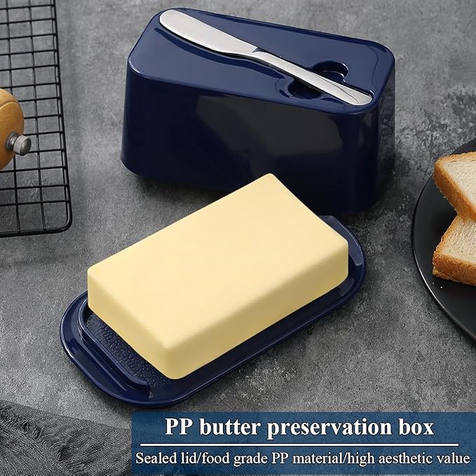 Evanda Butter Dish with Lid for Countertop and Refrigerator Door Shelf with Butter Spreader Knife, Butter Keeper, Plastic Butter Holder Tray Container for West/East Coast Butter