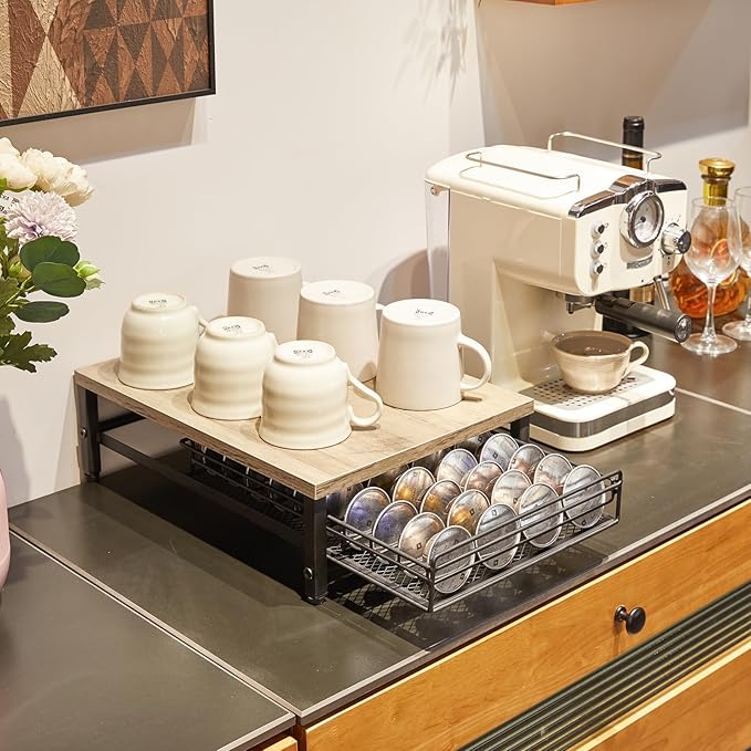 IBUYKE Wooden Coffee Pod Drawer Holder,Pod Holder,40 Capsule Pods,Coffee Pod Holder Drawer With Mesh Shelves,Home Kitchen Counter Organizer,Greige TCJ101Y