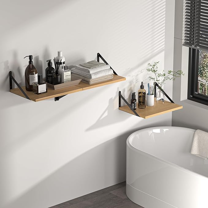 Heimlove 12 Inch Deep Floating Shelves for Wall, 16W x 12D Wood Wall Shelves Set of 2, Rustic Oak Wide Floating Bookshelf for Living Room, Kitchen, Office, Bedroom, with Black Metal Bracke - Oak