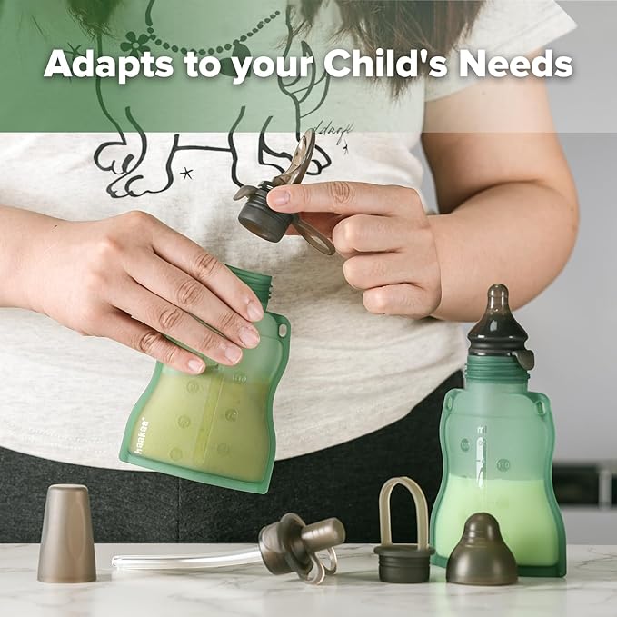 haakaa Baby Food Pouch Refillable Baby Squeeze Silicone Yummy Pouch, Soft Reusable Squeeze Storage Food Pouch for Kids Toddler,Home Made Food Puree,Smoothie Pouch Bag, 4oz, 4 Pack,6m+(Pea Green)