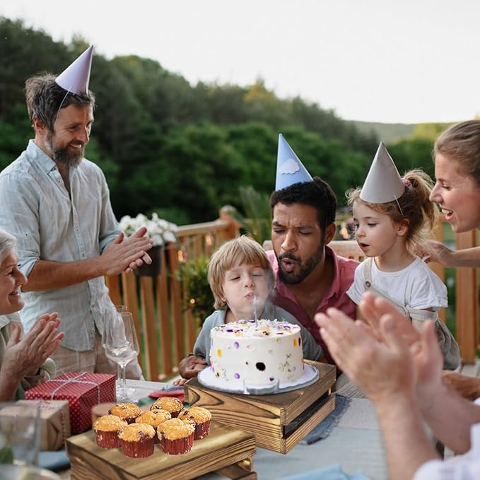 4 Pcs Buffet Risers with Mini Signs, Rustic Wood Cake Stands, Food Risers for Buffet Table, Dessert Display Stand, Wood Crates, Rustic Cake Stand for Party, Wedding, Birthday, Baby Shower, 4 Sizes