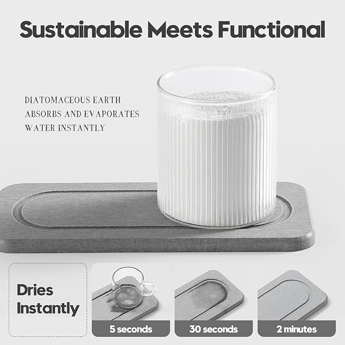 2Pack Diatomite Stone Water Absorbing Sink Tray for Kitchen & Bathroom Counter, Quick Dry Soap Dish Makeup Vanity Caddy, Dispenser Sponge Holder Space Organizer, Light Gray - 8"x 3.8"