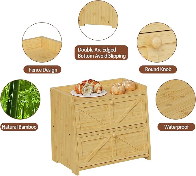 Vintage Double Layer Bread Box for Kitchen Counter Bamboo Bread Storage Container Large Capacity Bread Storage Bin (Natural Bamboo)