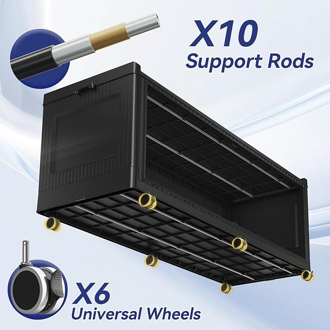 200GAL Extra Large Storage Bins with Lid, 800QT Plastic Stackable Storage Bins with 6x Wheels, Collapsible Closet Organizer and Storage Drawer Cabinet for Living Room Office Dorm, 4Pack Black