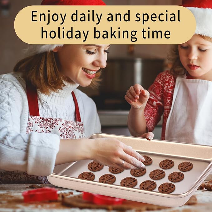 Baking Sheet Tray 9 x 11 Inch Cookie Sheet Nonstick, 2-Pack Heavy Duty Small Baking Pans, Carbon Steel, Gold - Bakeware Sets for Cookies, Roasting, Oven Safe, Easy to Clean
