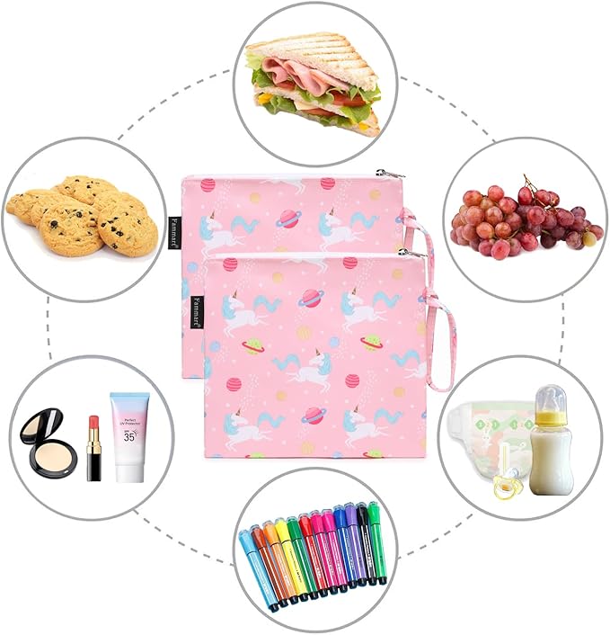 Reusable Sandwich Bag/Snack Bag for Kids & Adults, Dual Layer Lunch Bag with Handle, Washable, Food Safe, BPA Free (2-Pack, Planet Unicorn)