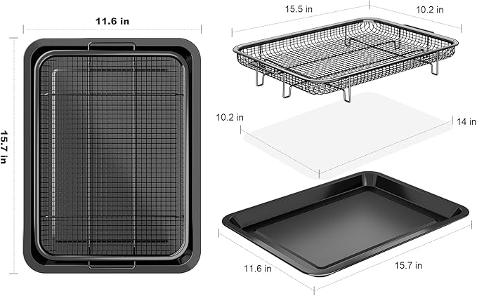 Air Fryer Basket for Oven, OPENICE 15.6" x 11.6" Air Fryer Tray and Pan Set with 30PCS Parchment Papers, Stainless Steel Oven Air Fryer Basket and Tray for Baking Grilling - Black