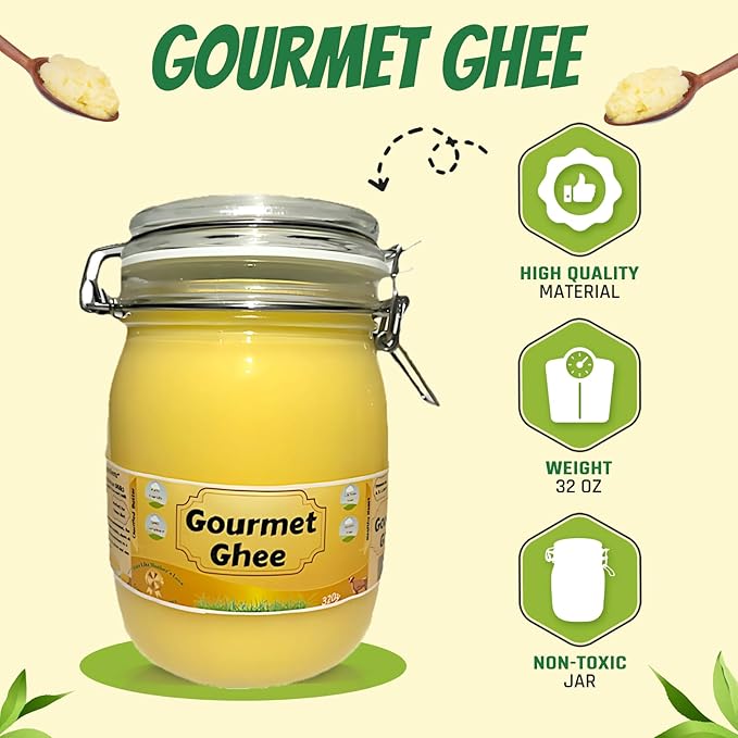 Premium Gourmet Clarified Butter - Natural & Pure Grass-Fed Ghee for Energy, Gut, and Immune Health Support - Versatile Healthy Cooking for Spreading, Baking & Sauteing 2lbs (32 Oz) (2PACK - Natural Ghee)