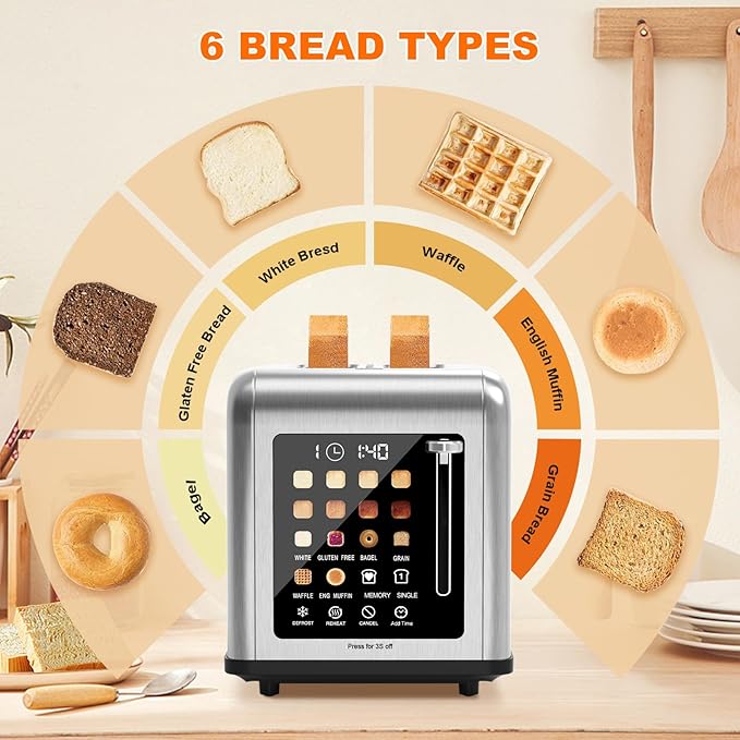 2 Slice Toaster Touch Screen, Stainless Steel Toasters Digital Timer 2 Slot Toasters, 8 Shade Settings 6 Bread Types for Bagel, Cancel, Defrost（Stainless Steel）