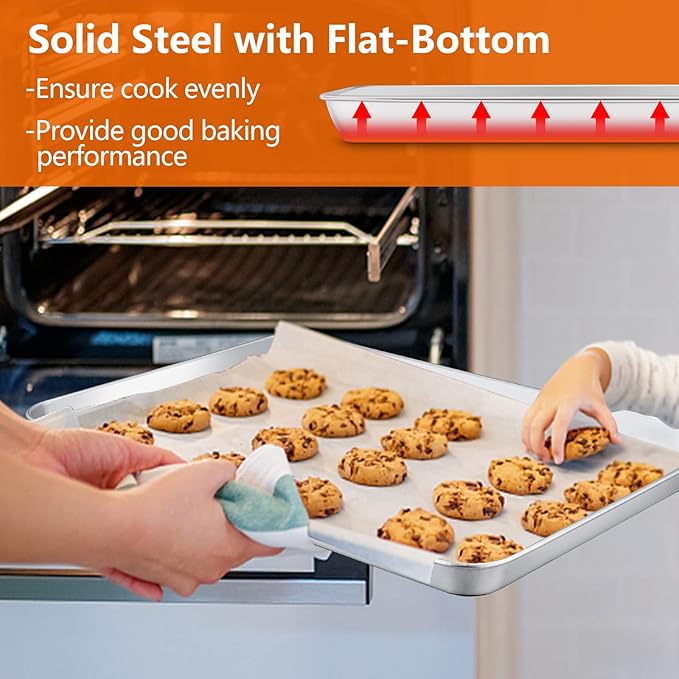 Large Baking Sheet, E-far 18”x13” Stainless Steel Cookie Sheet Pan for Oven with 50 Parchment Paper, Rectangle Metal Baking Tray for Roasting, Rust Free & Heavy Duty, Dishwasher Safe-2 Pack