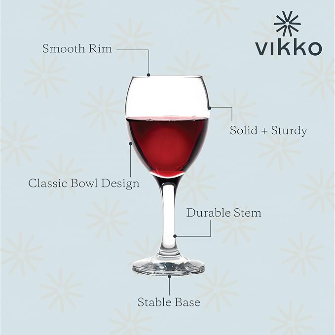Vikko 8.5 Ounce Glass Wine Glasses Set of 12 - Small Stemmed Glasses for Red and White Wine, Clear, Thick and Durable