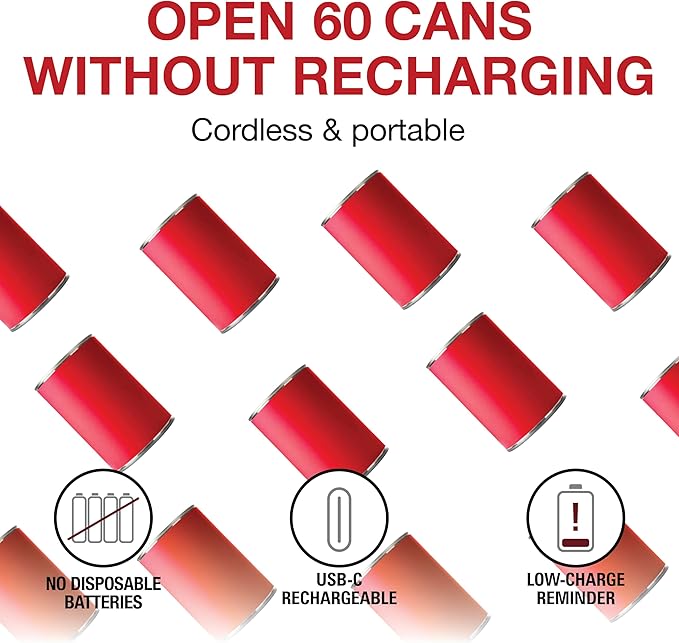 Proctor Silex Automatic Electric Can Opener, Hands Free Cordless Operation & USB Rechargeable, Self-Aligning, Cut Smooth Touch Lid Edges, Compact and Easy to Store, Red