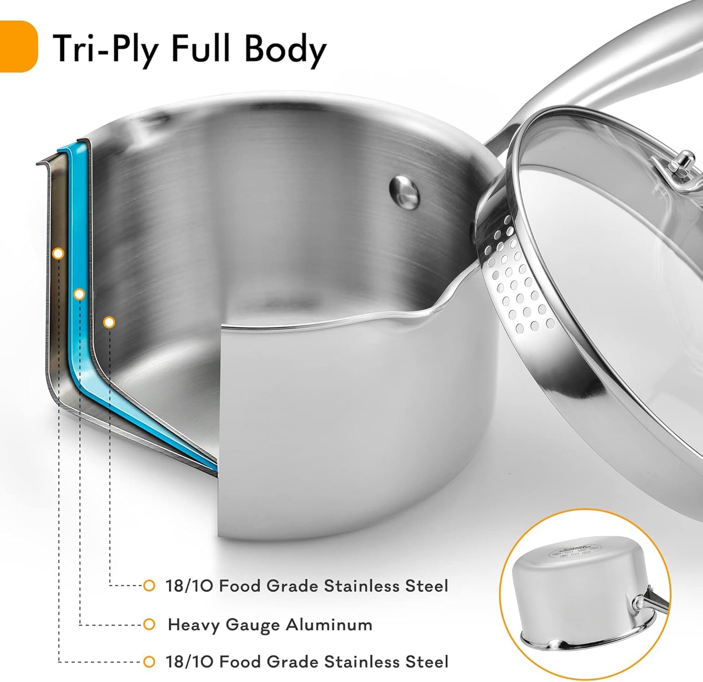 Stainless Steel Saucepan with Glass Lid, 3.5 Quart Multipurpose Sauce Pan, Sauce Pot - for Easy Pour with Ergonomic Handle