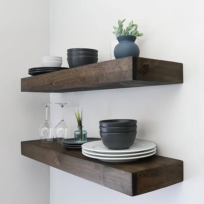 Modern Floating Shelves 3 Inches Thick for Wall, Wide Shelves for Kitchen, Living Room, Bedroom, and Bathroom, Natural Pine Wood, Rustic Wooden Shelf, (Set of 2) (Jacobean, 48Lx3Hx8D)