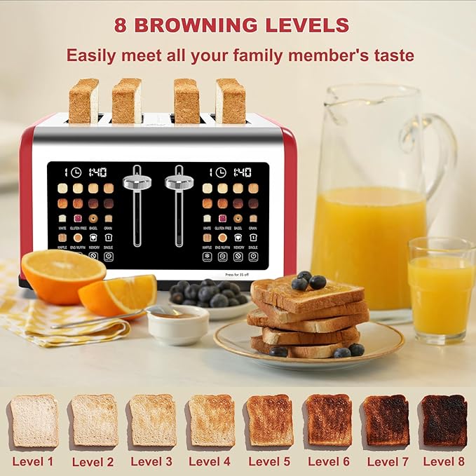 4 Slice Toaster Touch Screen, Stainless Steel Toasters Digital Timer, Dual Control Panel Toasters, 8 Shade Settings 6 Bread Types for Bagel, Cancel, Defrost 1650W Red