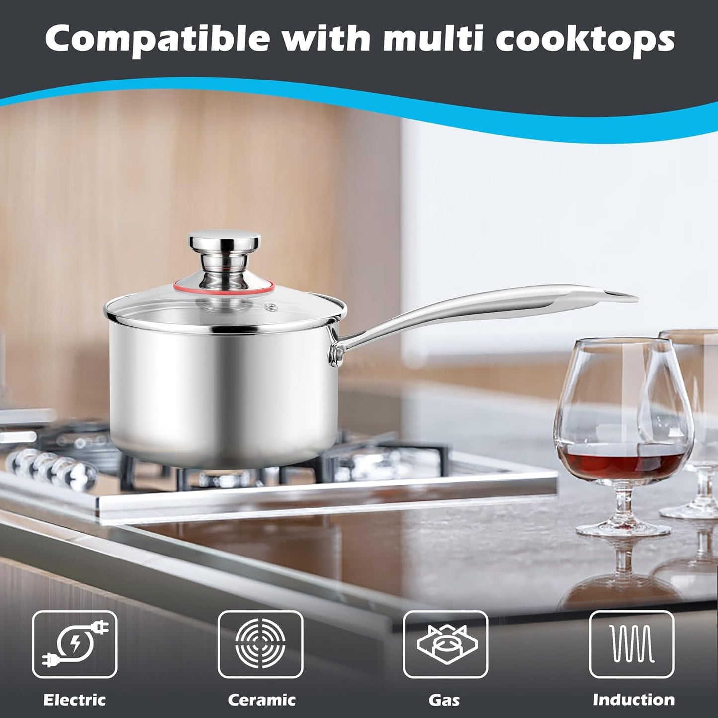 E-far 2-Quart Saucepan, Tri-Ply Stainless Steel Sauce Pan with Glass Lid, Small Cooking Induction Pot Compatible with All Cooktops, Non Toxic, Oven & Dishwasher Safe