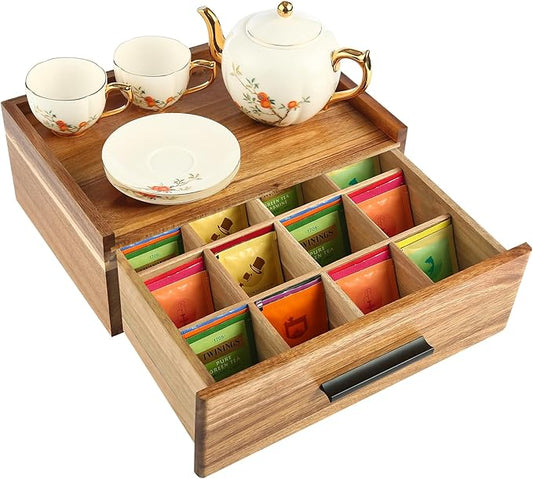 Acacia Wood Tea Bag Organizer - 12-Compartment Capacity Tea Box Organizer Storage Box with Drawer, Tea Accessories for Tea Bags Storage Drawer, Tea Station for Countertop