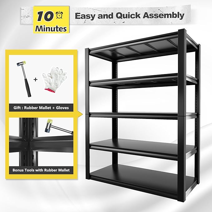 REIBII Garage Shelving Heavy Duty Garage Storage Shelves, Extra Large Adjustable Storage Rack with 5 Tier Metal Shelving Unit, 2500LBS Loads Heavy Duty Shelf, Easy Assembly, 2 Pack