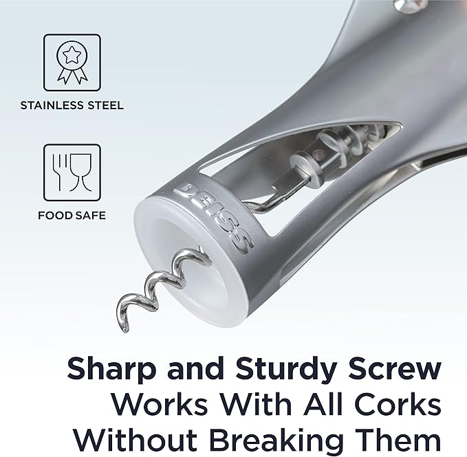 Deiss LUX Wine Opener, All-Metal Wing Corkscrew Wine Bottle Opener with Built-in Beer Bottle Opener - Ergonomic Cork Screw Wine Corker, Silver Matte Coating, Velvet Storage Pouch (SILVER)
