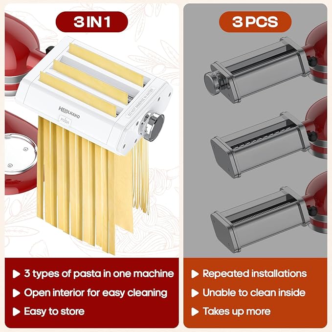 Pasta Attachment for KitchenAid Stand Mixer, 3 in 1 Set Pasta Maker KitchenAid Attachment Includes Spaghetti Cutter, Pasta Sheet Roller and Fettuccine Cutter, Attachment for Kitchenaid Mixers